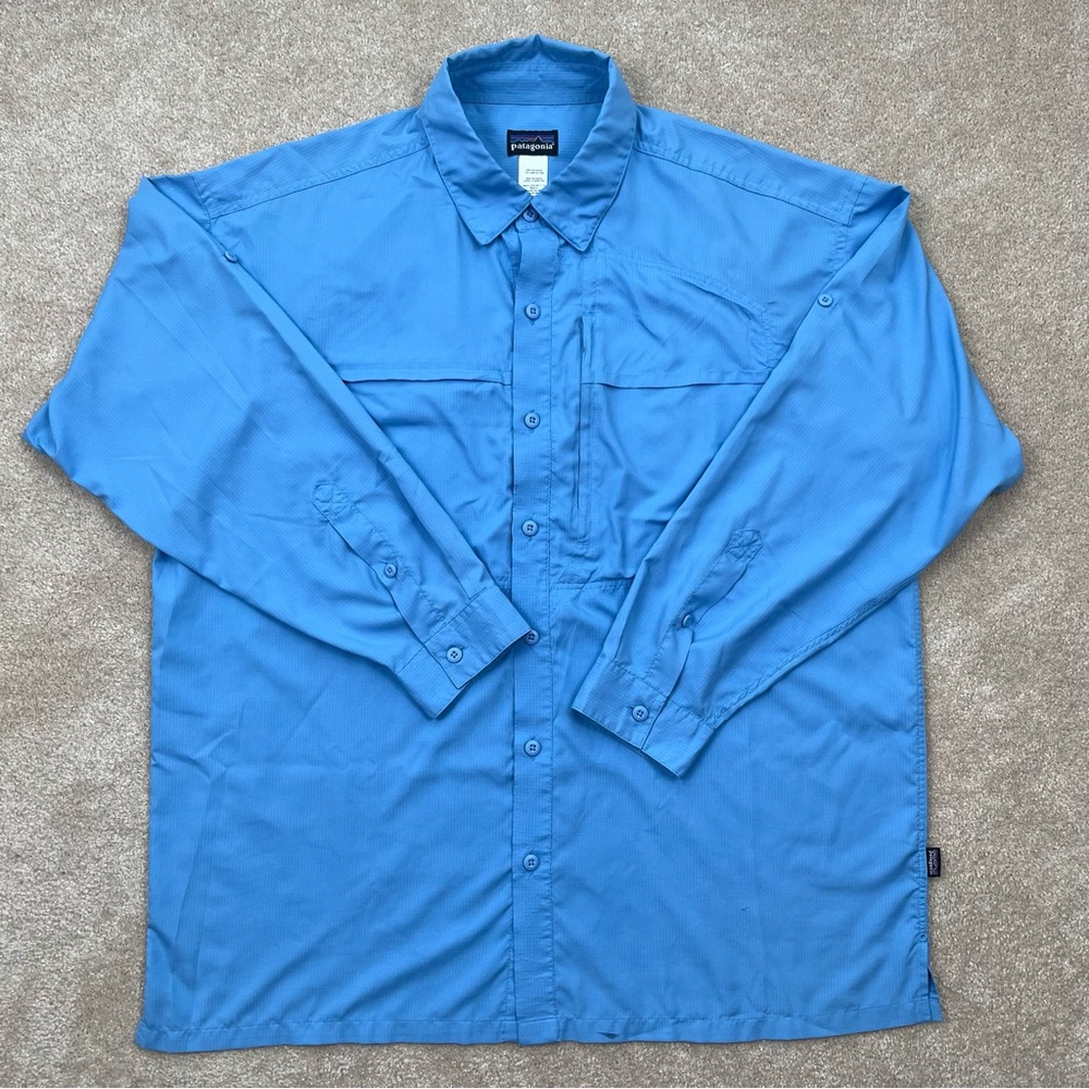 Patagonia Organic Shirt Adult XL Blue Button Up Zip Pockets Outdoor Hiking Men